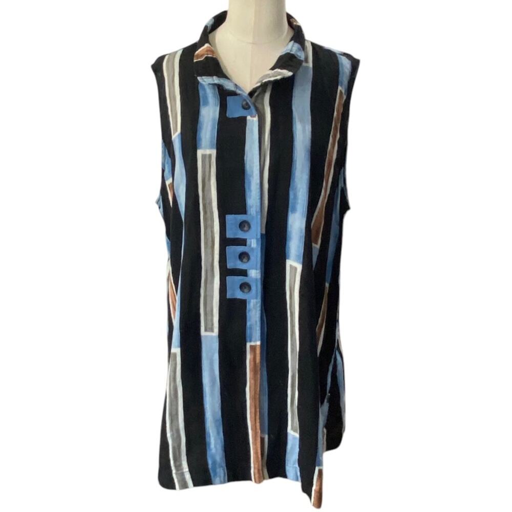 John Mark Black Striped Sleeveless Blouse with Blue and Brown Accents